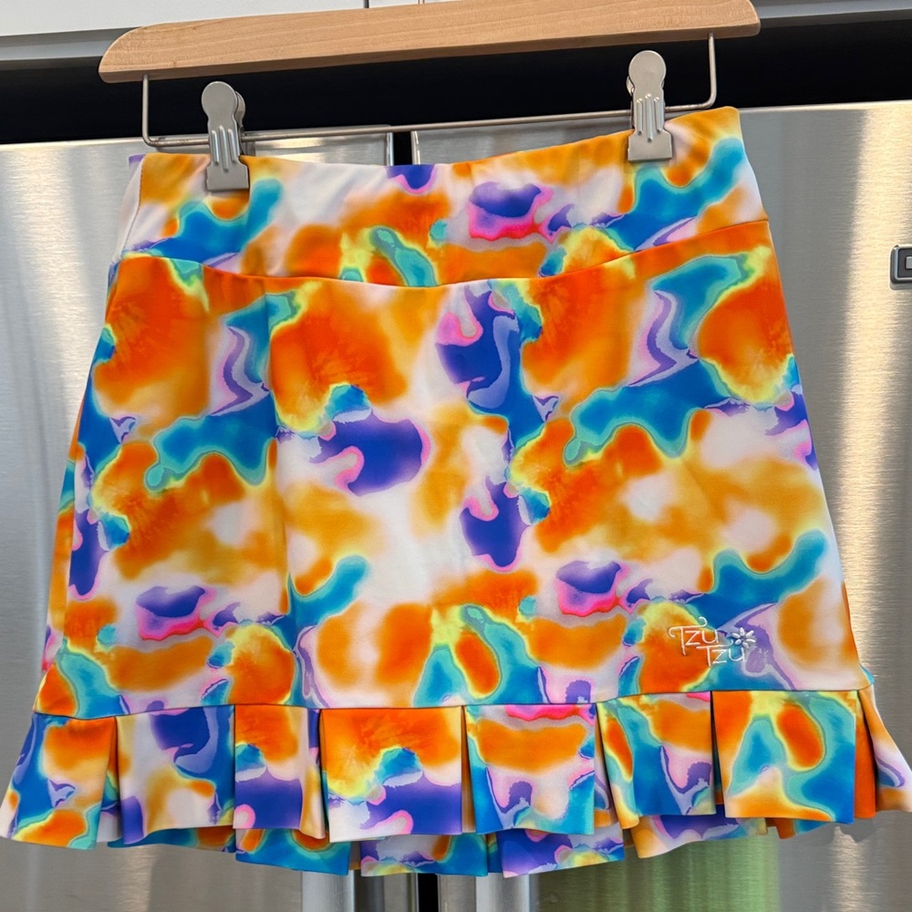 Tzu Tzu Orange and Blue Abstract Mini Skirt